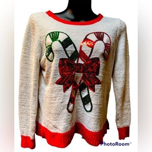 Christmas Sweater White Size M Candy Canes Sequins Red Green Soft